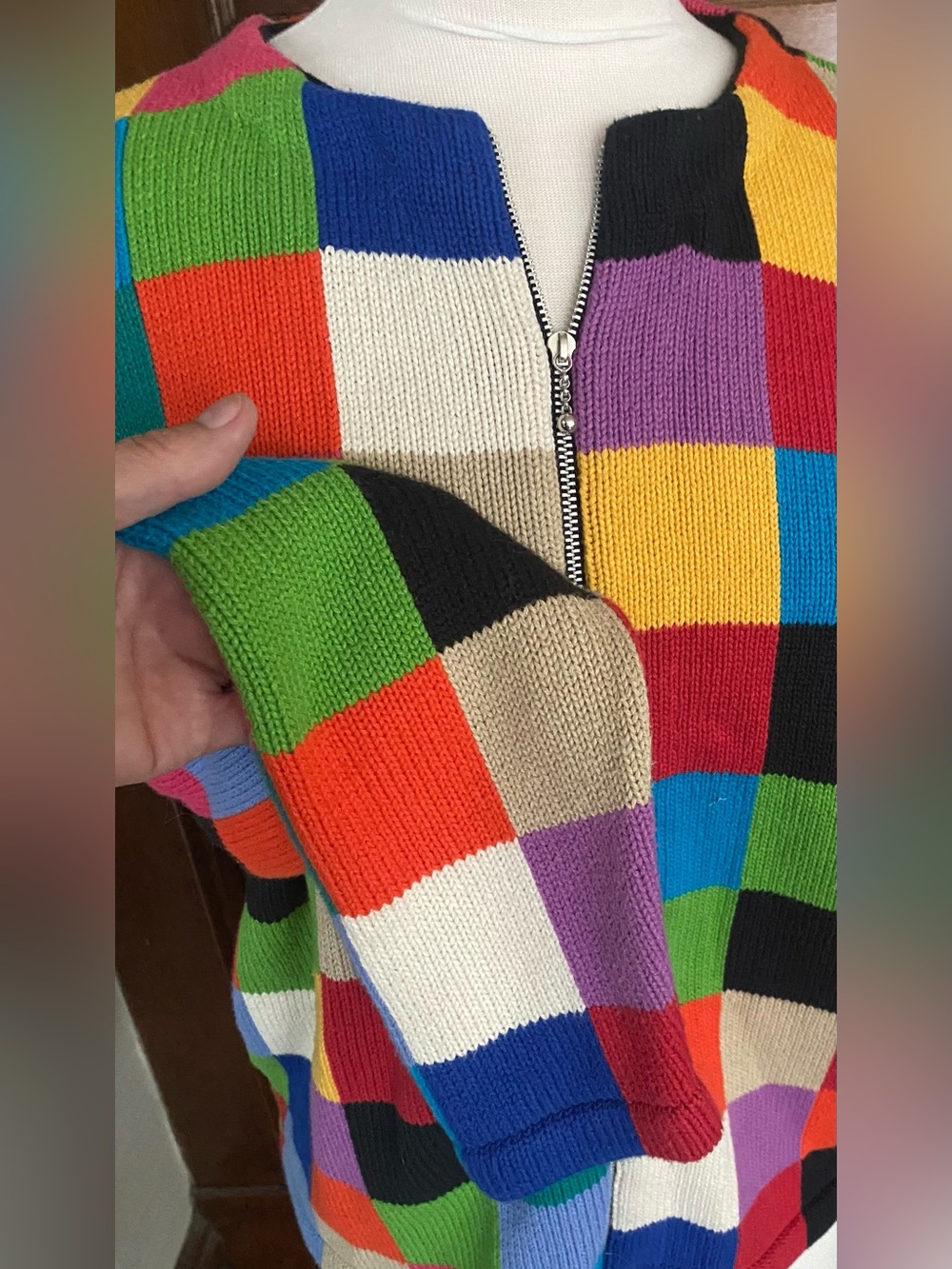 Mark,Fore & Strike. Vintage Multicolor Checkerboard Zip-Front Women’s Sweater - Picture 3 of 5